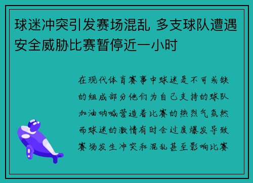 球迷冲突引发赛场混乱 多支球队遭遇安全威胁比赛暂停近一小时